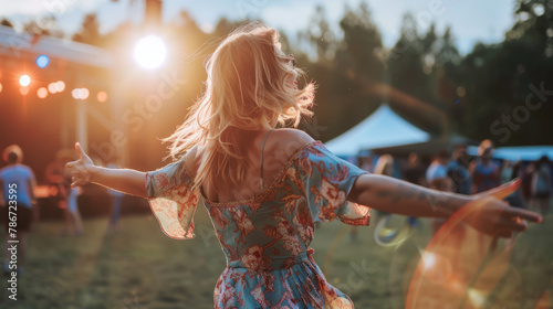 A woman twirling joyfully in a floral dress at a sunlit outdoor music festival. Shallow depth of field, blurred background photo