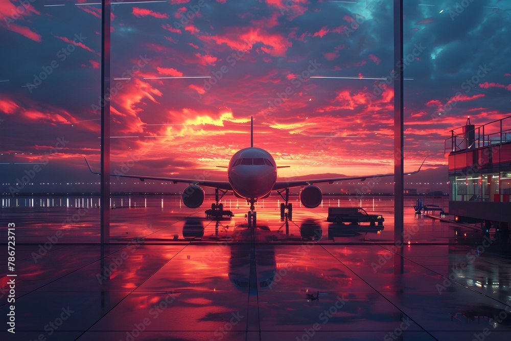 Vibrant Sunset Backdrop Frames Bustling Airport Terminal with Departing Passenger Plane