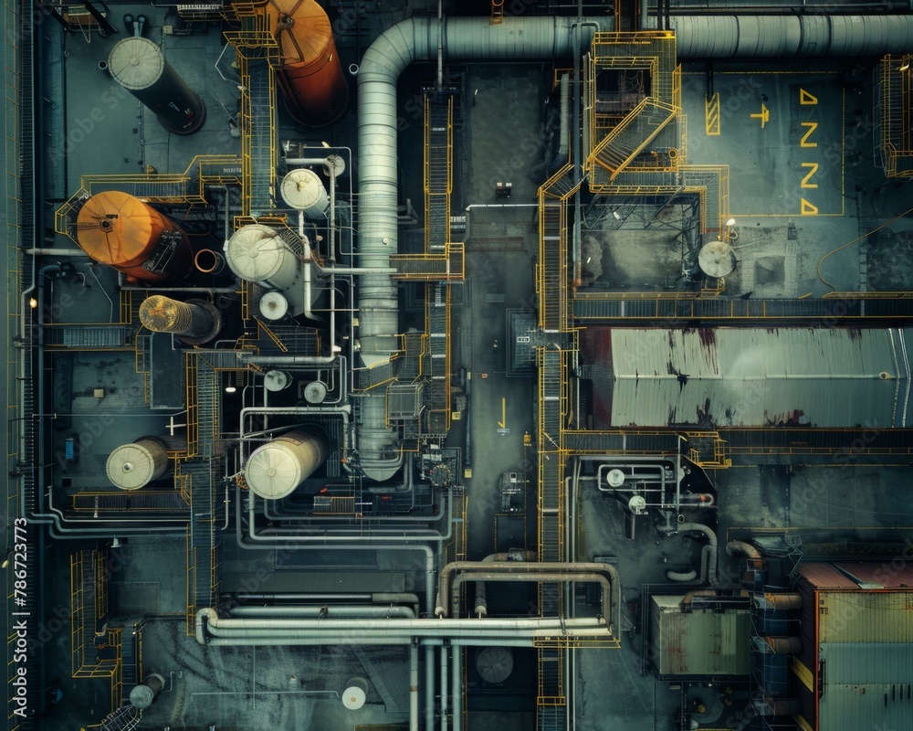A view of a large industrial building with pipes and tanks. Generative AI. A view of a large industrial building with pipes and tanks. Generative AI.