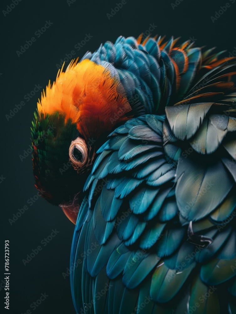 Fototapeta premium A close up of a colorful bird with a bright orange and yellow head. Generative AI.