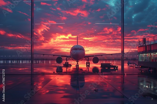Vibrant Sunset Backdrop Frames Bustling Airport Terminal with Departing Passenger Plane