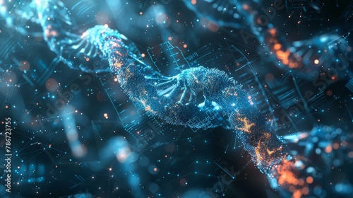 A close up of a DNA strand with blue and orange lights. Generative AI. © serg3d