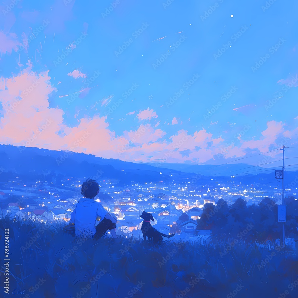 A picturesque scene of a child and their dog enjoying the sunset together from atop a grassy hill, overlooking a beautiful cityscape. - obrazy, fototapety, plakaty 