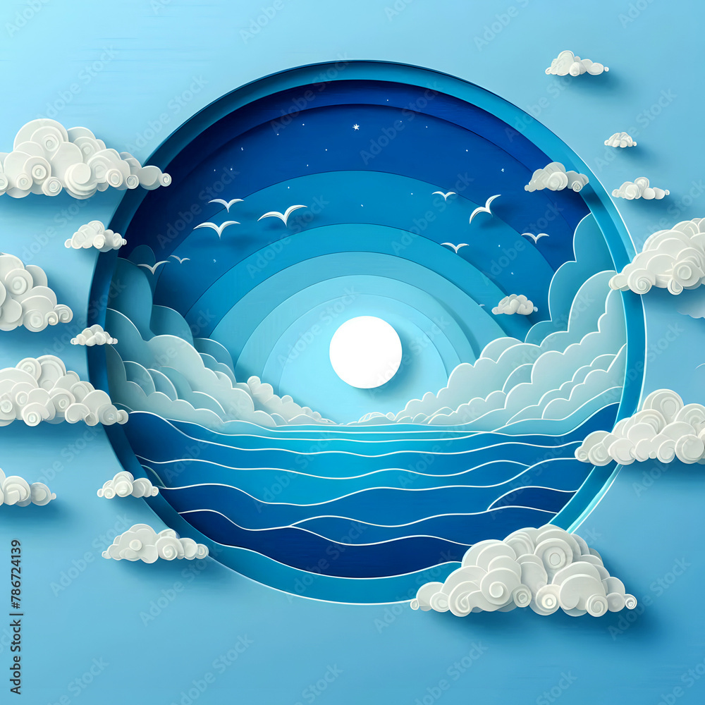Abstract blue sea and summer beach background with paper waves and sea coast for banner, invitation, poster or website design. Paper cut pattern, imitating 3D effect, space for text, illustration - obrazy, fototapety, plakaty 