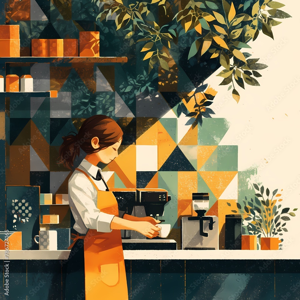 Early-morning vibes in an inviting coffee shop scene. A young barista in an orange apron prepares a warm beverage with care. - obrazy, fototapety, plakaty 