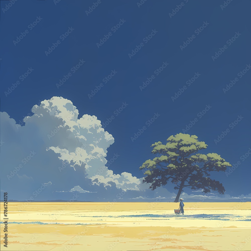 Lone Figure in a Desert-like Landscape Under a Cloudy Sky - obrazy, fototapety, plakaty 