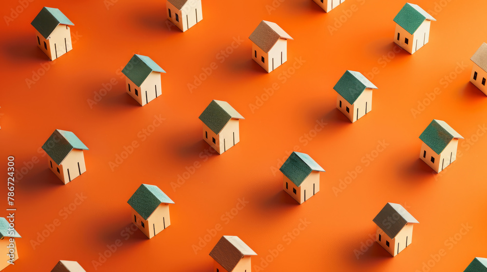 An arrangement of small house models forming a graph layout on a bright orange background to depict market trends