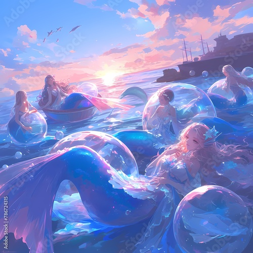Mystical Oceanic Adventure with Glamorous Mermaids in Bubbles and Sunlight photo