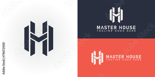 Abstract initial letter MH or HM logo in deep blue color isolated on multiple background colors. The logo is suitable for property and construction company logo icons to design inspiration templates.