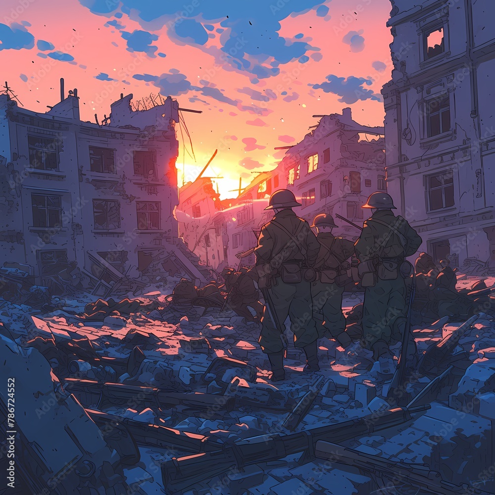 An Emotional Scene of War's Aftermath - Soldiers Explore Destroyed City Streets as the Sun Goes Down - obrazy, fototapety, plakaty 
