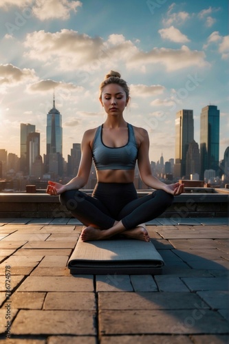 A woman meditating in a yoga pose on a rooftop with the city skyline in the background. Generative AI. © serg3d