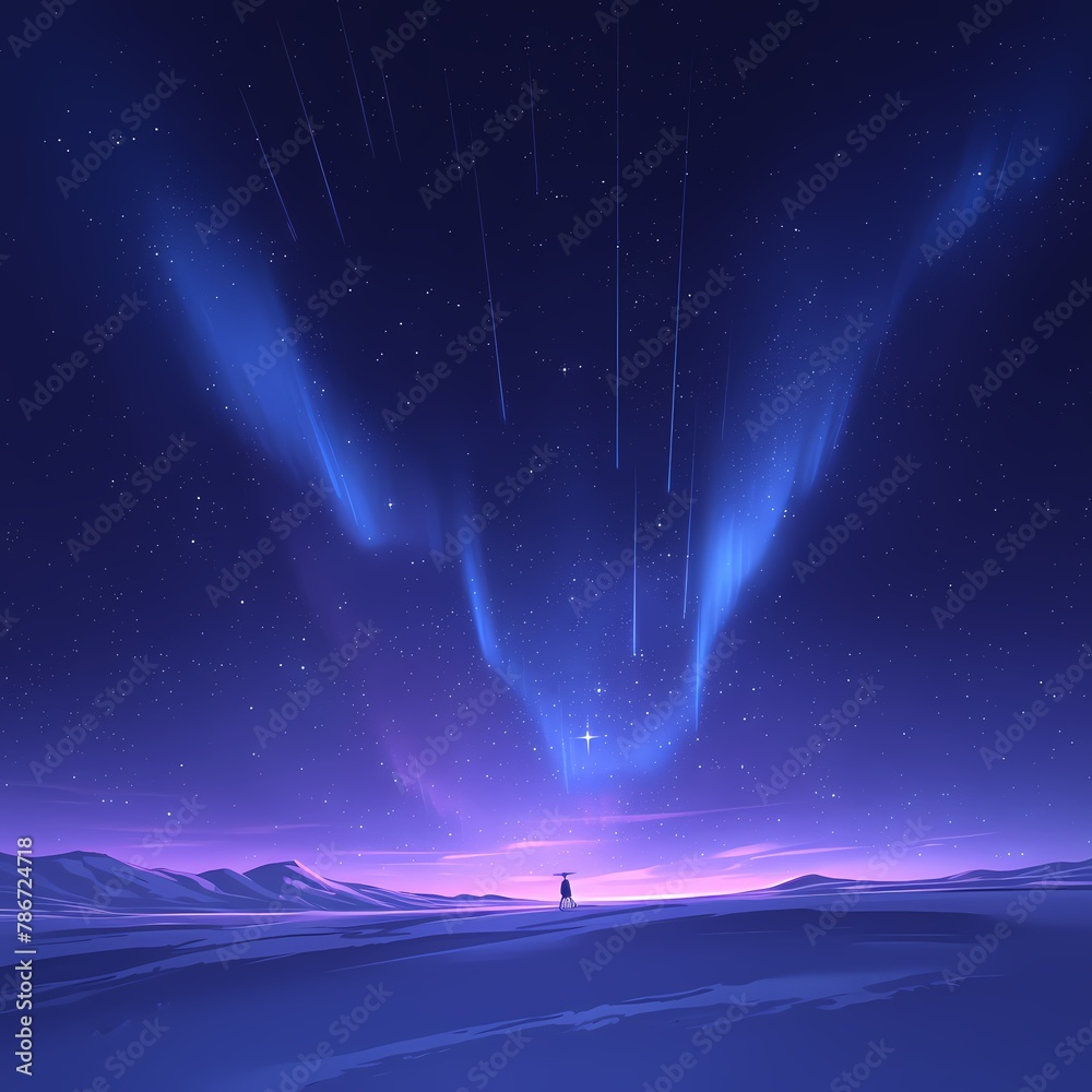 Stunning Nighttime Northern Lights Display with Starry Sky and Person Silhouette - obrazy, fototapety, plakaty 