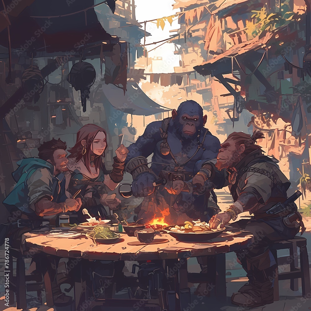 Joyful Social Scene with Monsters and Adventurers Sharing a Meal Around the Table in an Abandoned Warehouse - obrazy, fototapety, plakaty 
