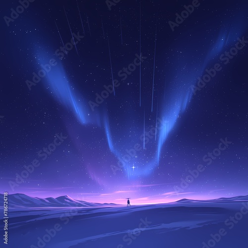 Stunning Nighttime Northern Lights Display with Starry Sky and Person Silhouette