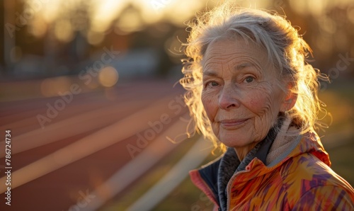An older woman with a smile on her face standing in front of an outdoor track. Generative AI.