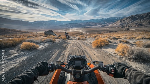 A person riding a motorcycle on the side of a dirt road. Generative AI. photo