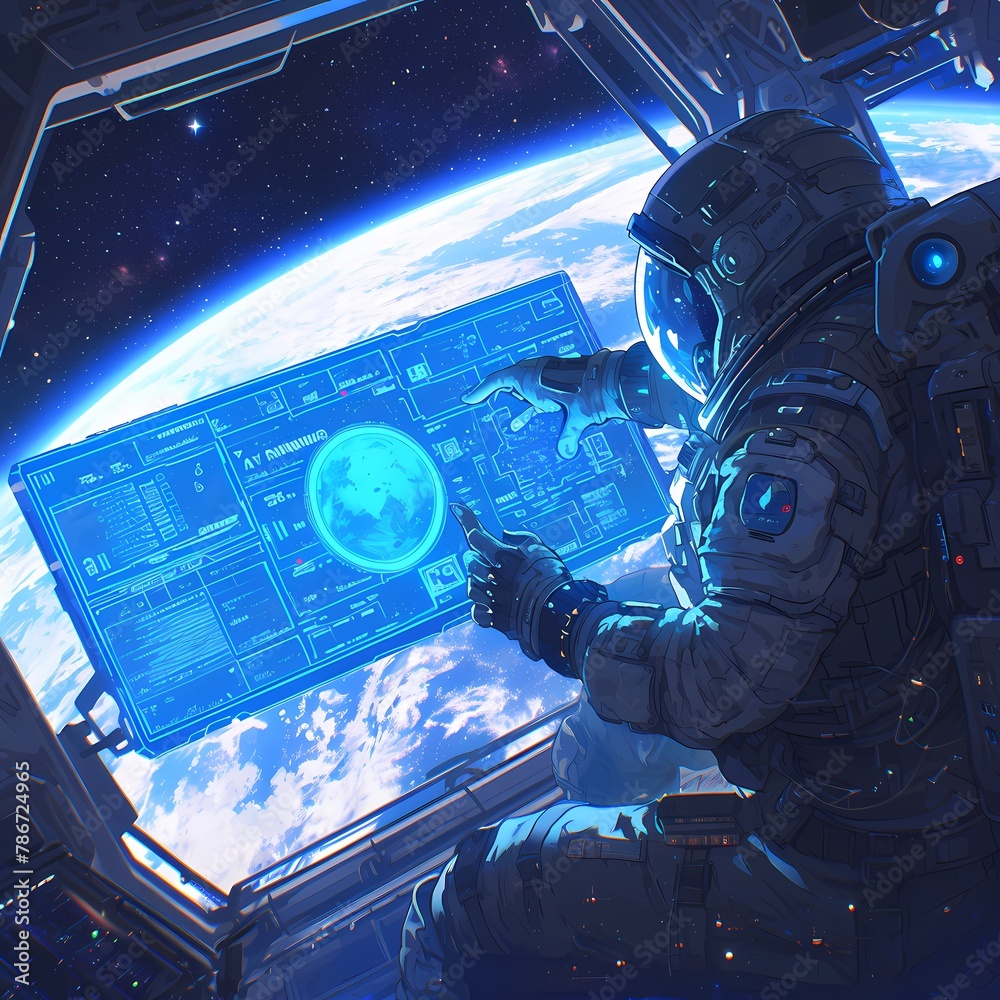 Astronaut in Spacesuit Navigating Cosmos from Cockpit - obrazy, fototapety, plakaty 