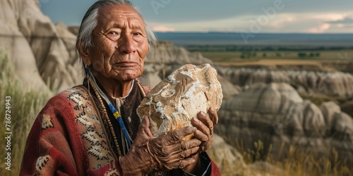 An old native american man holding a rock in his hand. Generative AI.