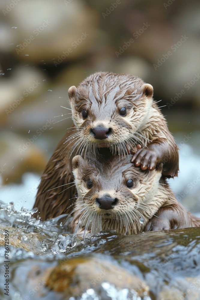 Two otters are playing in the water together. Generative AI. Two otters are playing in the water together. Generative AI.