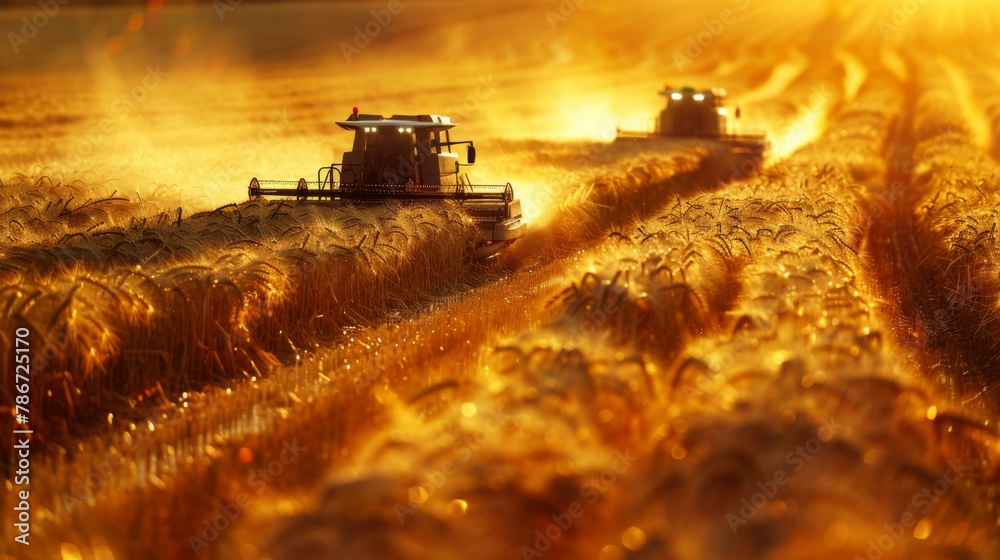 Fototapeta premium Two large tractors are working in a field of wheat. Generative AI.