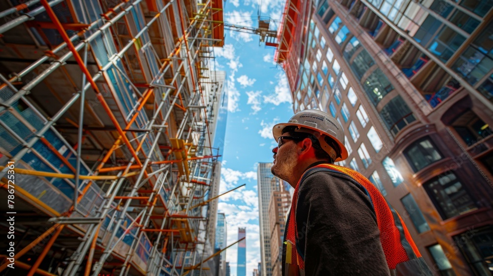 A man in hard hat looking up at tall buildings with scaffolding. Generative AI. A man in hard hat looking up at tall buildings with scaffolding. Generative AI.