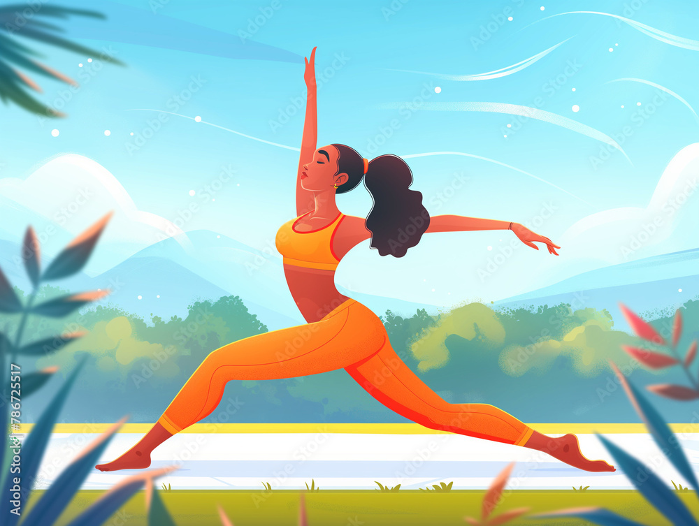 Illustration of a woman doing yoga outdoors with serene nature background. Illustration of a woman doing yoga outdoors with serene nature background.