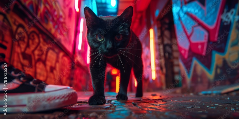 A black cat walking down a dark alley with neon lights.