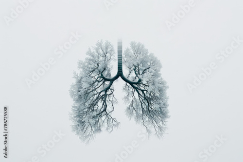 A stark white backdrop with a pair of lungs illustrated using tree branches, symbolizing the need for clean air