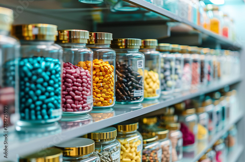 Pharmaceutical Shelf with Colorful Medication Jars