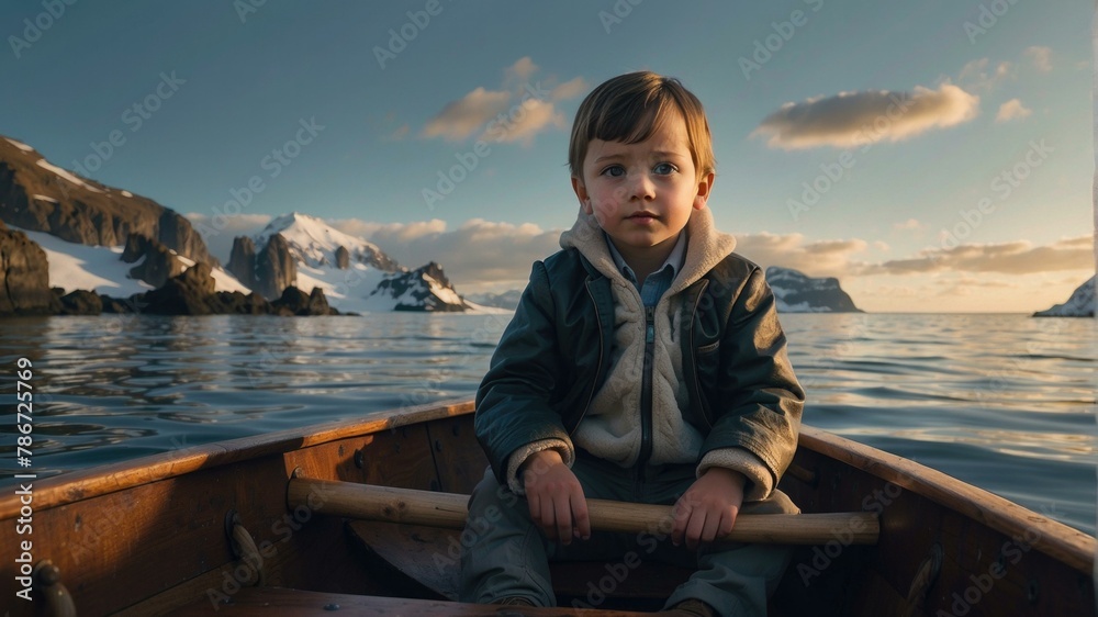A young boy sitting in a boat on the water. Generative AI. A young boy sitting in a boat on the water. Generative AI.