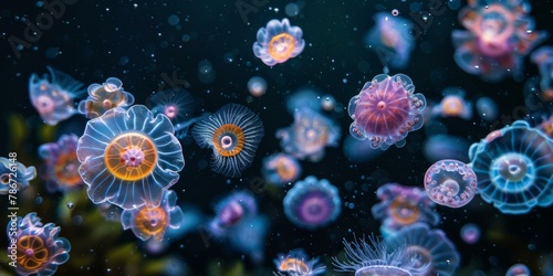 A group of jellyfish are swimming in the water. Generative AI.