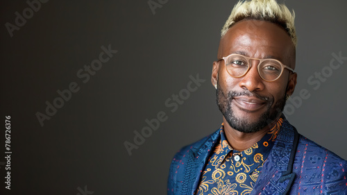 Young black gay man smiling with short manicured blonde hair, well-dressed with vibrant blue blazer, intricate patterned shirt, stylish hick rimmed eye glasses photo