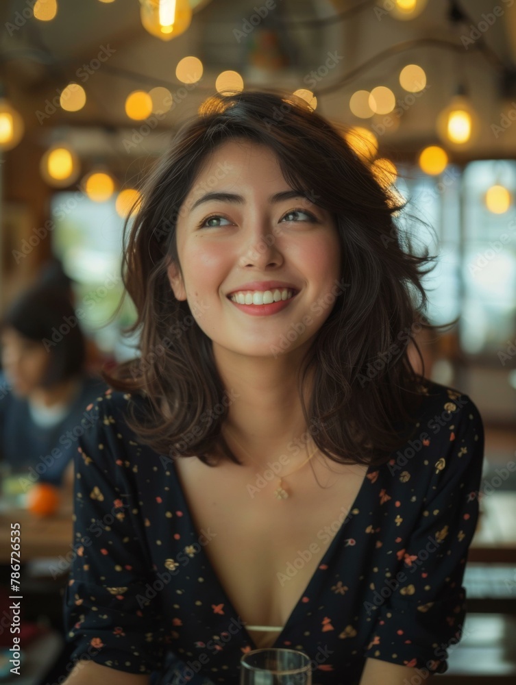 A woman smiling while sitting at a table with wine in front of her. Generative AI. A woman smiling while sitting at a table with wine in front of her. Generative AI.