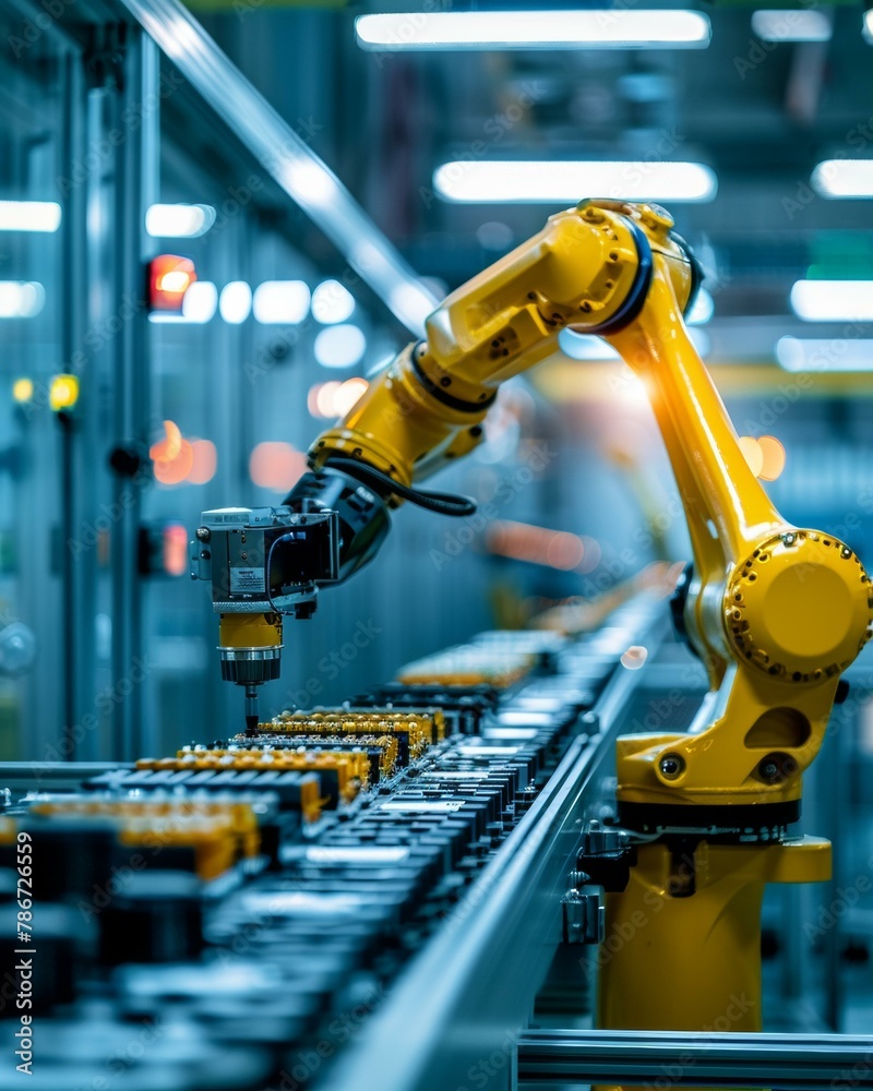 A robot is working on a machine in an industrial setting. Generative AI. A robot is working on a machine in an industrial setting. Generative AI.