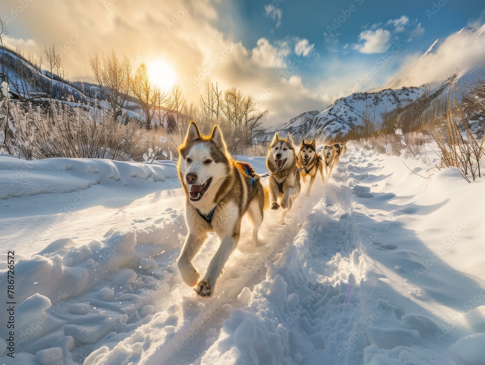 A group of huskies are running down a snowy hill. Generative AI. A group of huskies are running down a snowy hill. Generative AI.