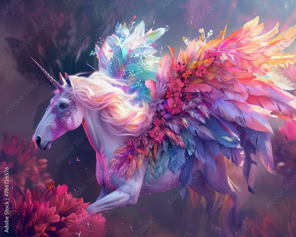 A unicorn with colorful wings is flying through a field of flowers.
