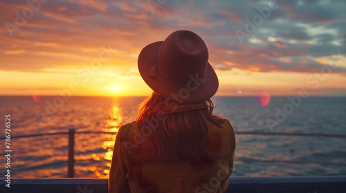 A solitary traveler woman wearing a hat stands on a seaside pier, gazing into the sunset.