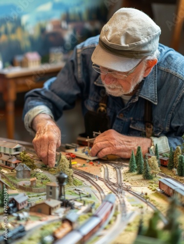 A man in a hat and cap looking at model train tracks. Generative AI.