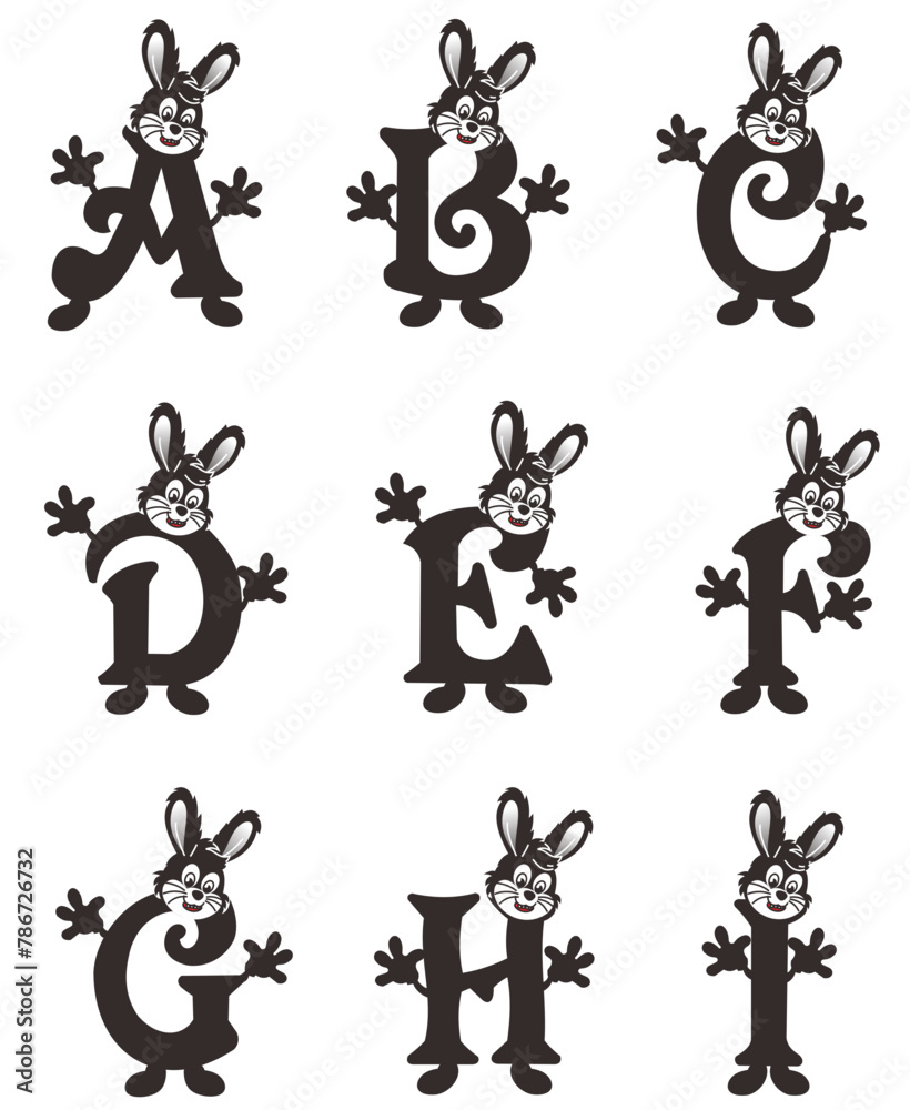Decorative straight font with rabbit. Simple vector Latin letters with animals on them - complete set from A to I Decorative straight font with rabbit. Simple vector Latin letters with animals on them - complete set from A to I
