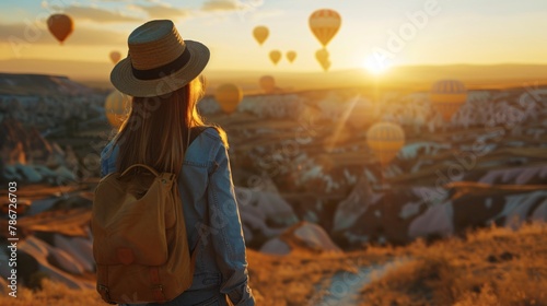 Girl traveler enjoying a solitary vacation in Goreme, Nevsehir, with breathtaking views of Cappadocia's flying hot air balloons at sunrise.