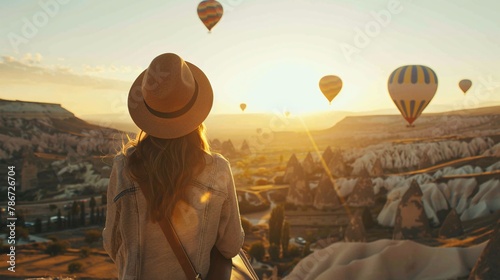 Girl traveler enjoying a solitary vacation in Goreme, Nevsehir, with breathtaking views of Cappadocia's flying hot air balloons at sunrise.
