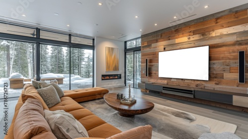Mockup of flatscreen TV in modern living home, AI-generative photo