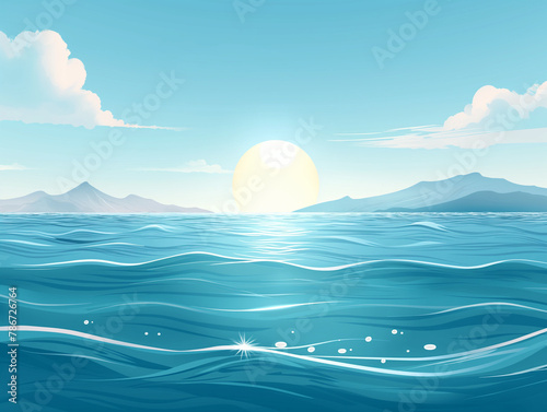 Illustration of a serene ocean scene with the sun setting over gentle waves and distant mountains under a clear blue sky.