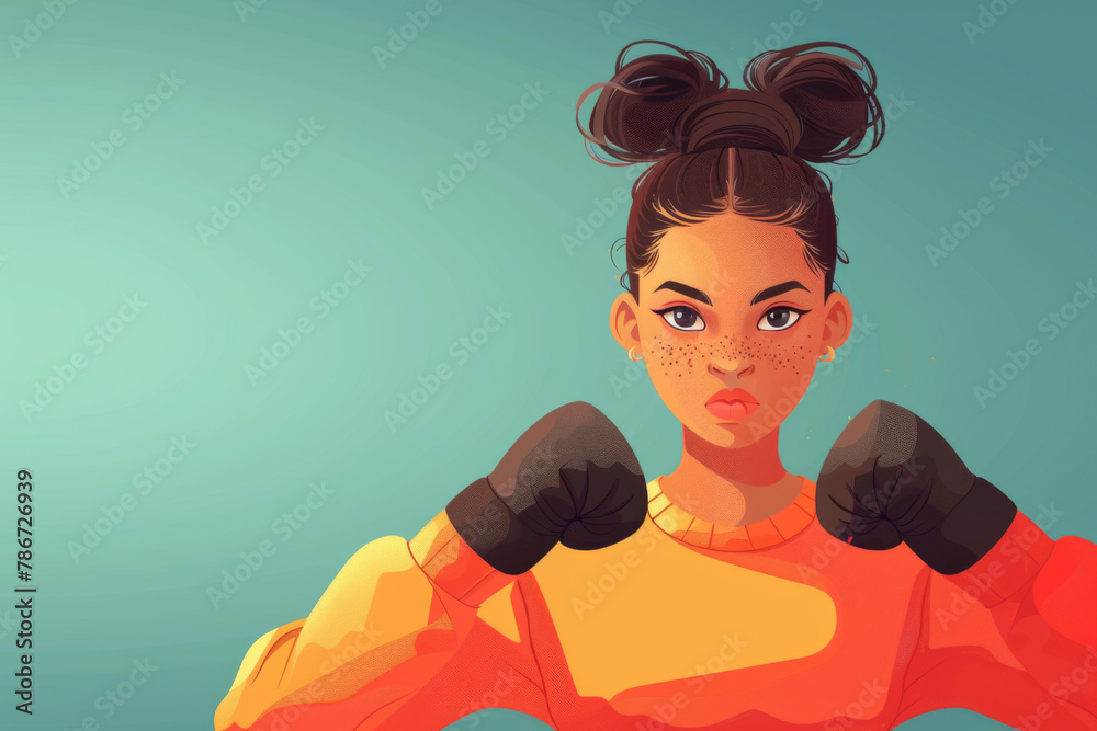 Illustration of a determined woman with boxing gloves raised in a fighting stance. Illustration of a determined woman with boxing gloves raised in a fighting stance.