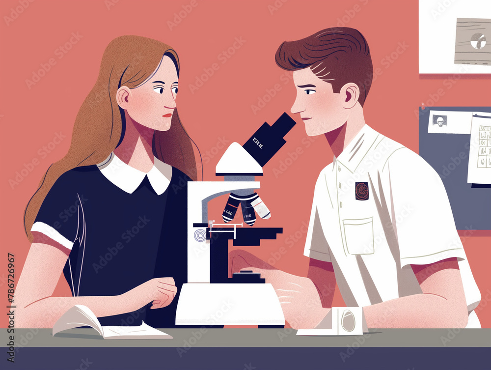 Illustration of a female student and male scientist with a microscope in a laboratory setting. Illustration of a female student and male scientist with a microscope in a laboratory setting.