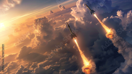 Launch of two missiles into space, soaring above the clouds at sunset, with a war-torn landscape in the background, detonations and impacts. War and military attack wallpaper