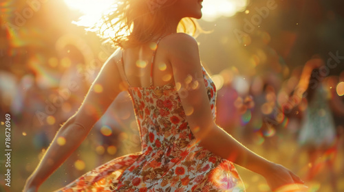 A woman twirling joyfully in a floral dress at a sunlit outdoor music festival. Shallow depth of field, blurred background