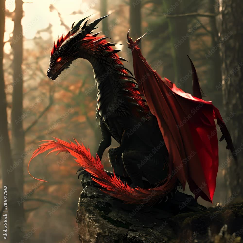 A red and black dragon with red eyes is perched on a rock in the middle ...