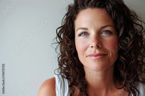 Portrait of a beautiful woman with curly hair looking at the camera