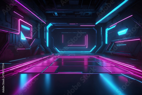 3d render, abstract futuristic geometric background, glowing square shape, neon light, tunnel, corridor, space station interior, geometric structure, cyber safety, virtual reality, ultraviolet